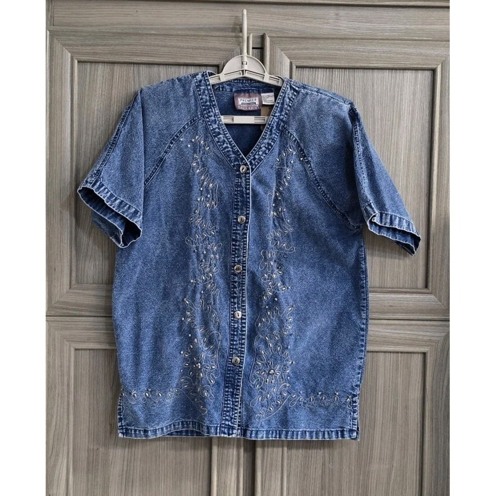 Vtg‎ Premier International Womans Floral Beaded Embroidery Button Up Denim Shirt